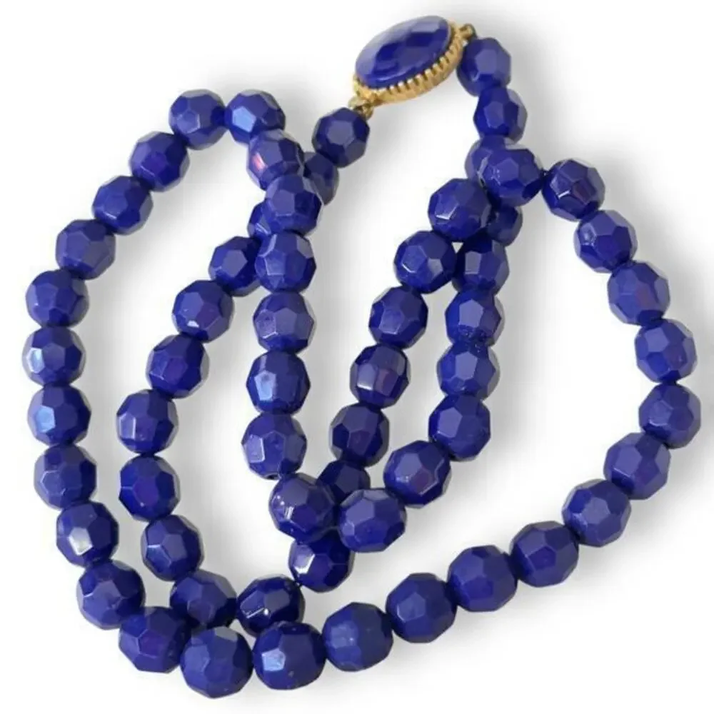 Vintage 24” Cobalt Blue Czech Glass Faceted Bead Necklace Marquise Clasp